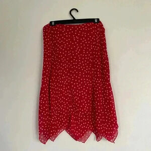 Red & white polka dot chiffon handkerchief hem midi/maxi skirt.